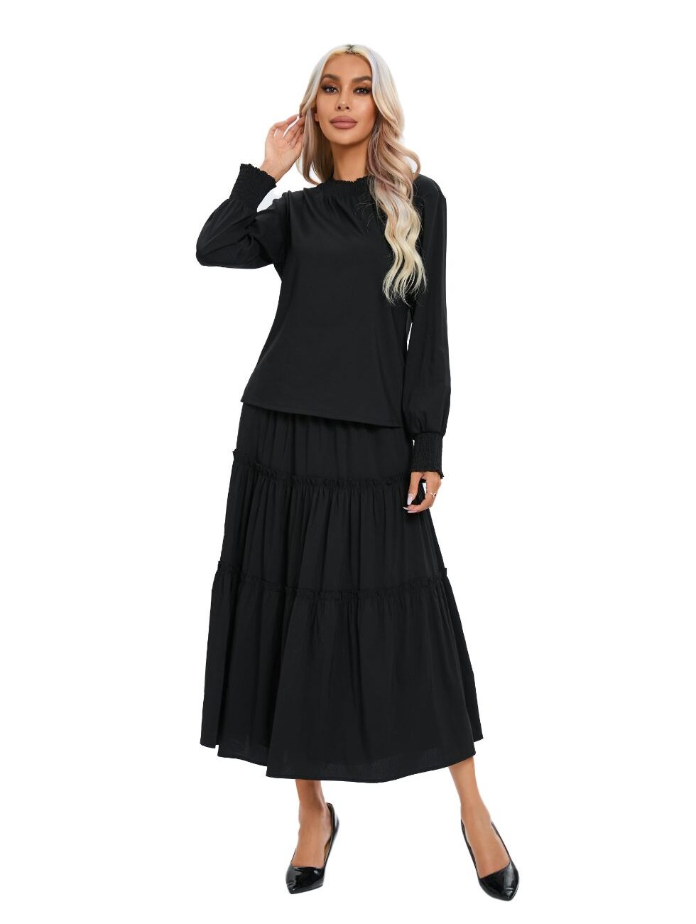 Tiered Skirt Midi Set Black