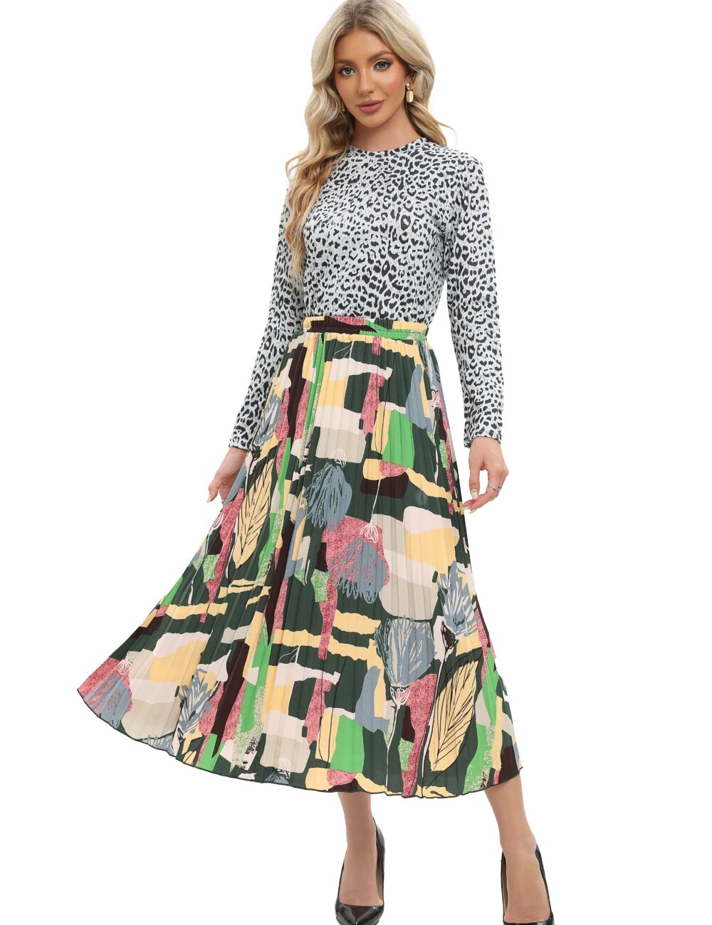 Colorful Print Midi Pleated Skirt