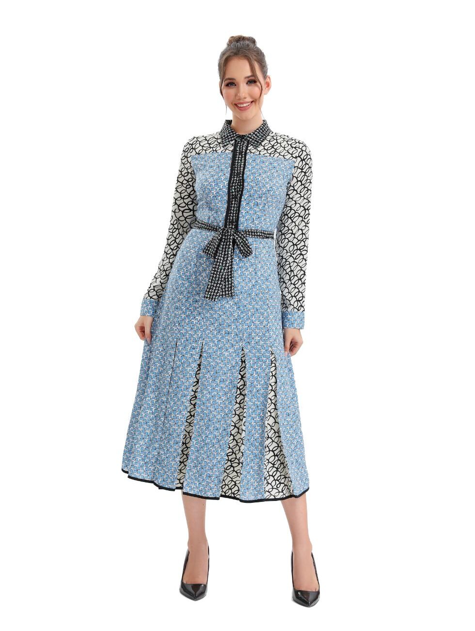 Sky Blue Pleated Midi Dress with Self Tie - Image 5